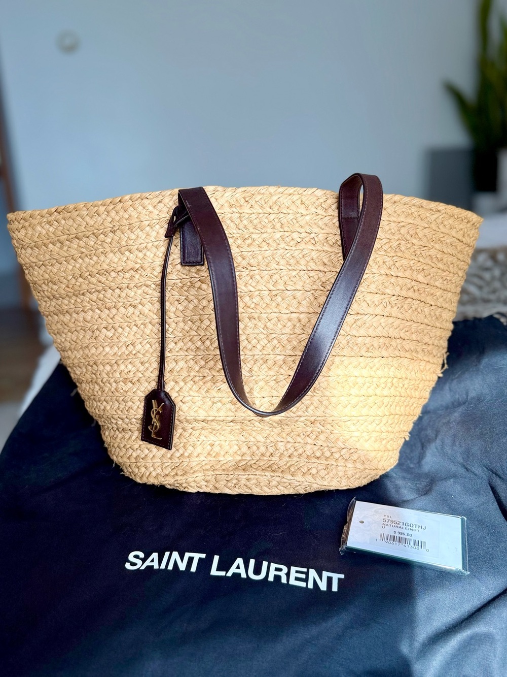 Saint Laurent Straw Tote with Dark Brown Leather Handles